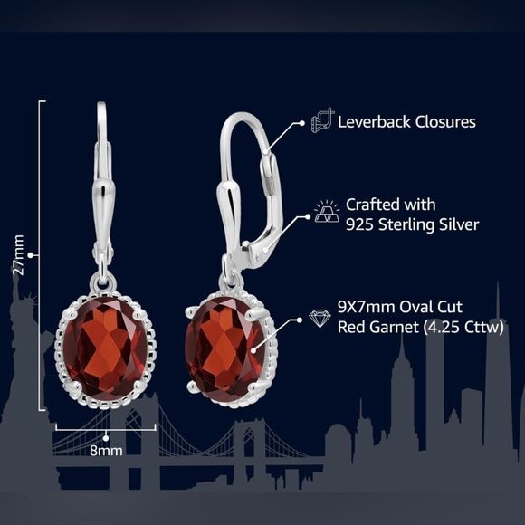 925 Sterling Silver with 4.25 Cttw Red Garnet Oval Leverback Hook Earrings - Picture 4 of 4